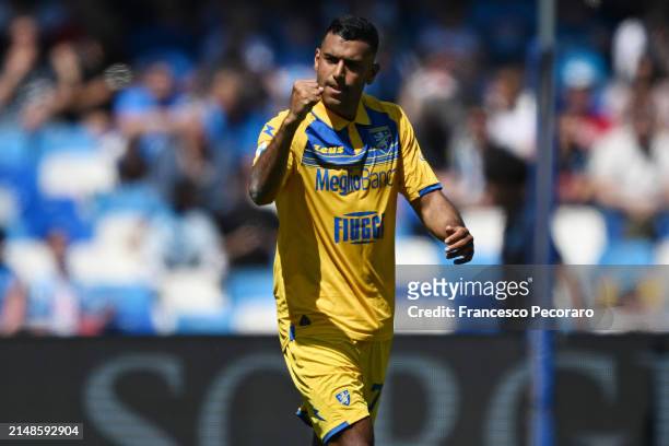 Walid Cheddira of Frosinone Calcio celebrates after scoring his side second goal during the Serie A TIM match between SSC Napoli and Frosinone Calcio...