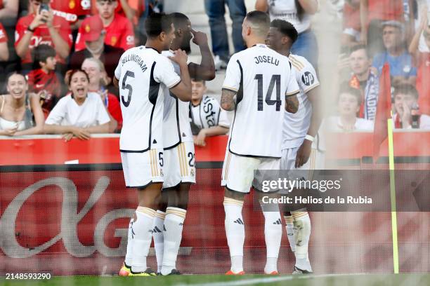 Aurelien Tchouameni player of Real Madrid celebrates with his teammates after scoring 0-1 during the LaLiga EA Sports match between RCD Mallorca and...