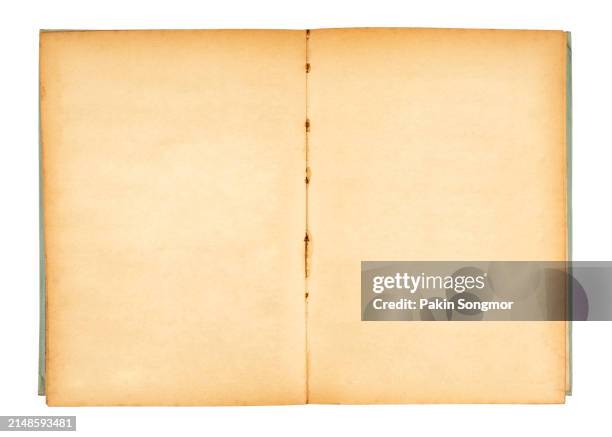 blank pages in old notebook isolated on white background. - blank pages in open book overhead view stock pictures, royalty-free photos & images