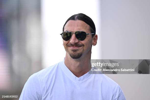 Zlatan Ibrahimovic looks on prior to the Serie A TIM match between US Sassuolo and AC Milan at Mapei Stadium - Citta' del Tricolore on April 14, 2024...