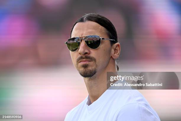 Zlatan Ibrahimovic looks on prior to the Serie A TIM match between US Sassuolo and AC Milan at Mapei Stadium - Citta' del Tricolore on April 14, 2024...