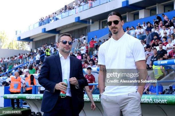 Giorgio Furlani CEO of AC Milan looks on with Zlatan Ibrahimovic prior to the Serie A TIM match between US Sassuolo and AC Milan at Mapei Stadium -...