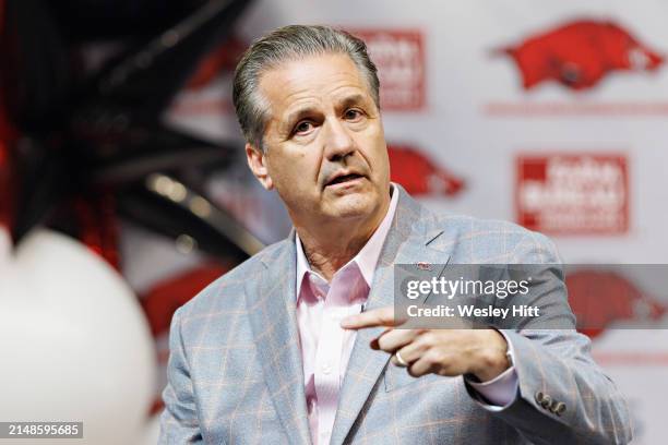 John Calipari is introduced as the new basketball Head Coach of the Arkansas Razorbacks at Bud Walton Arena on April 10, 2024 in Fayetteville,...