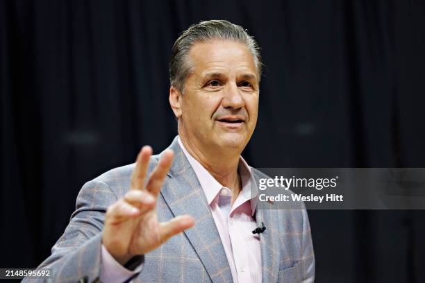 John Calipari is introduced as the new basketball Head Coach of the Arkansas Razorbacks at Bud Walton Arena on April 10, 2024 in Fayetteville,...