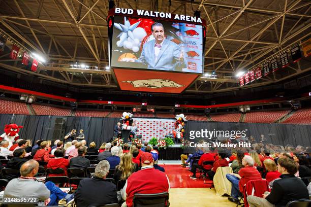 John Calipari is introduced as the new basketball Head Coach of the Arkansas Razorbacks at Bud Walton Arena on April 10, 2024 in Fayetteville,...