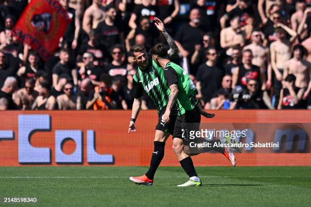 Armand Lauriente of US Sassuolo celebrates scoring his team's second goal with Mattia Viti of US Sassuolo during the Serie A TIM match between US...