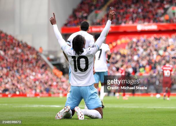 Eberechi Eze of Crystal Palace celebrates scoring his team's first goal during the Premier League match between Liverpool FC and Crystal Palace at...