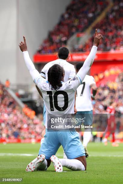 Eberechi Eze of Crystal Palace celebrates scoring his team's first goal during the Premier League match between Liverpool FC and Crystal Palace at...