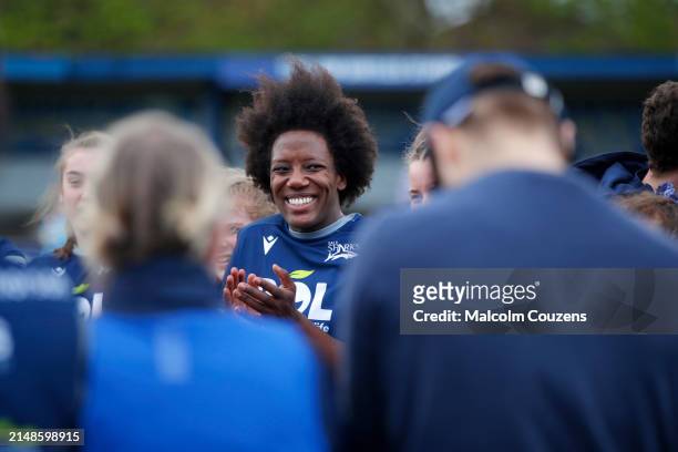 Alycia Washington of Sale Sharks reacts following the Allianz Cup match between Sale Sharks Women v Loughborough Lightning at Heywood Road on April...