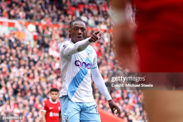 Eberechi Eze of Crystal Palace celebrates scoring his team's first goal during the Premier League match between Liverpool FC and Crystal Palace at...