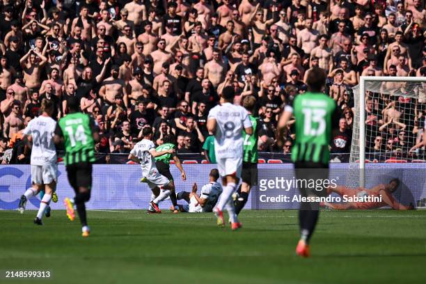 Armand Lauriente of US Sassuolo scores his team's second goal during the Serie A TIM match between US Sassuolo and AC Milan at Mapei Stadium - Citta'...