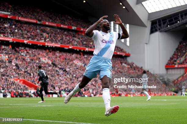 Jean-Philippe Mateta of Crystal Palace reacts after his shot is cleared off the line by Andrew Robertson of Liverpool during the Premier League match...