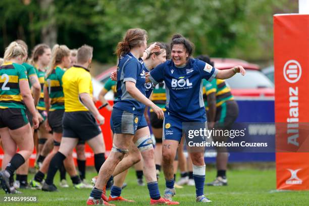 Jessica Panayiotou of Sale Sharks celebrates scoring a try during the Allianz Cup match between Sale Sharks Women v Loughborough Lightning at Heywood...