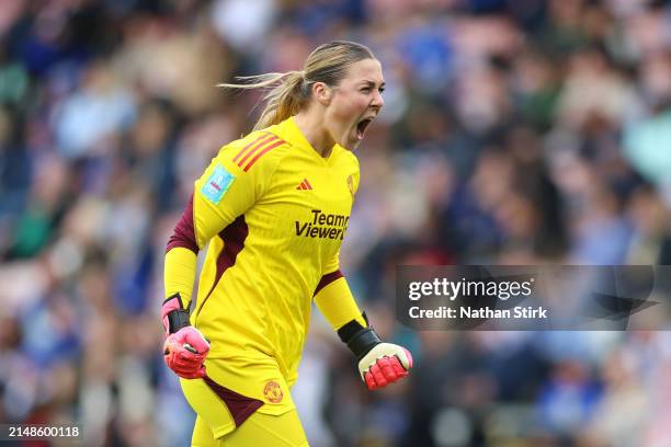 Mary Earps celebrates after Lucia Garcia of Manchester United scored her sides first goal during the Adobe Women's FA Cup Semi Final match between...