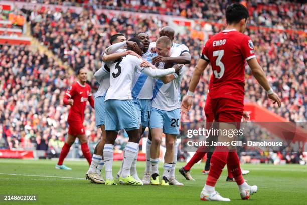 Eberechi Eze of Crystal Palace celebrates after scoring his side's first goal during the Premier League match between Liverpool FC and Crystal Palace...