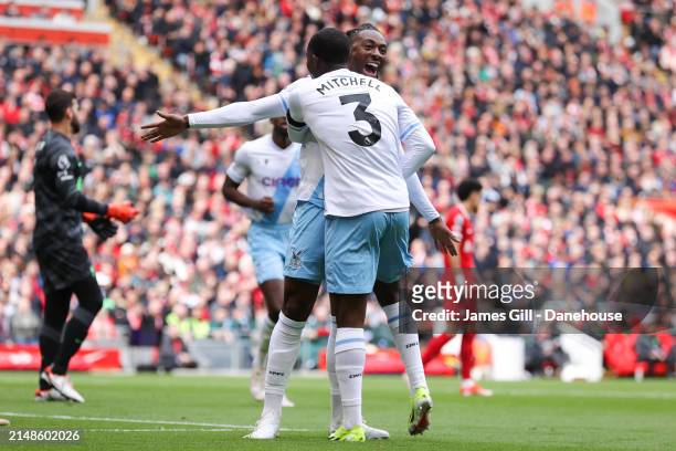 Eberechi Eze of Crystal Palace celebrates after scoring his side's first goal during the Premier League match between Liverpool FC and Crystal Palace...