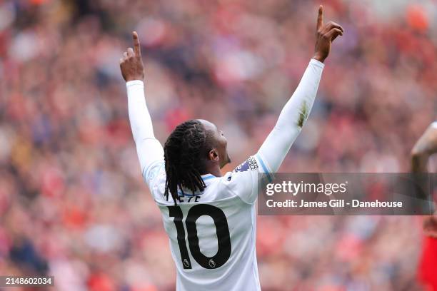 Eberechi Eze of Crystal Palace celebrates after scoring his side's first goal during the Premier League match between Liverpool FC and Crystal Palace...