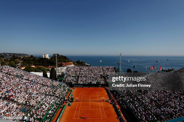 General view as Stefanos Tsitsipas of Greece serves against Casper Ruud of Norway during the Men's Singles Final on day eight of the Rolex...