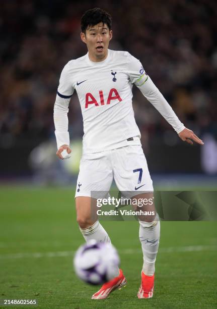 Son Heung-min of Tottenham Hotspur during the Premier League match between West Ham United and Tottenham Hotspur at the London Stadium on April 02,...