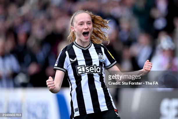 Katie Barker of Newcastle United celebrates scoring her team's fifth goal during The FA Women's National League Northern Premier Division match...
