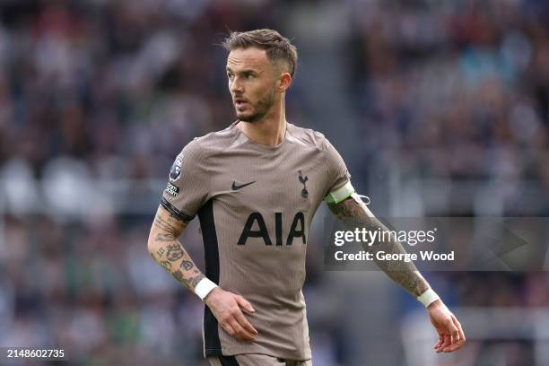 James Maddison of Tottenham Hotspur looks on during the Premier League match between Newcastle United and Tottenham Hotspur at St. James Park on...