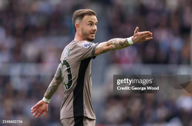 James Maddison of Tottenham Hotspur looks on during the Premier League match between Newcastle United and Tottenham Hotspur at St. James Park on...