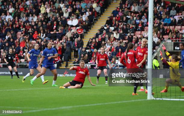 Lauren James of Chelsea scores her team's first goal during the Adobe Women's FA Cup Semi Final match between Manchester United and Chelsea at Leigh...