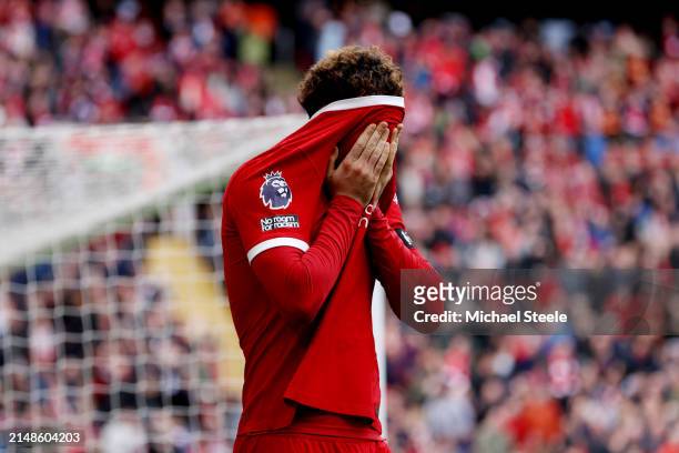 Curtis Jones of Liverpool reacts after a missed chance during the Premier League match between Liverpool FC and Crystal Palace at Anfield on April...