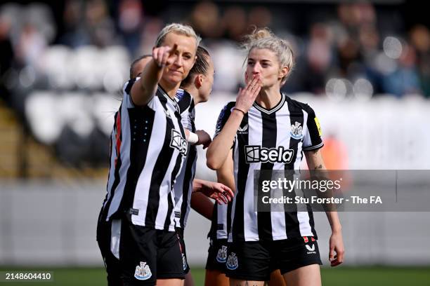 Kacie Elson of Newcastle United celebrates with teammate Charlotte Potts after Charlotte Potts scores their team's eighth goal during The FA Women's...