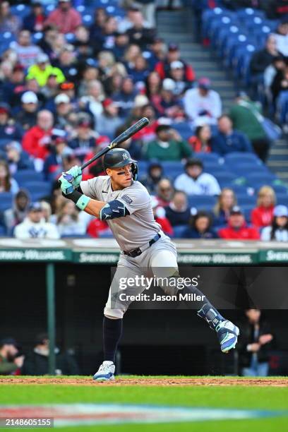 Aaron Judge of the New York Yankees at bat during the sixth inning of game two of a doubleheader against the Cleveland Guardians at Progressive Field...