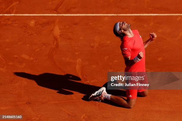 Stefanos Tsitsipas of Greece celebrates after winning match point against Casper Ruud of Norway during the Men's Singles Final on day eight of the...