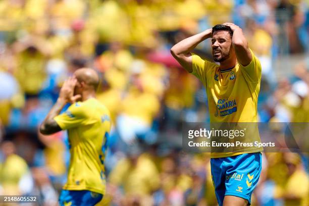 Javi Munoz of UD Las Palmas reacts during the Spanish league, La Liga EA Sports, football match played between UD Las Palmas and Sevilla CF at...