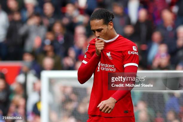 Virgil van Dijk of Liverpool looks dejected after the team's defeat in the Premier League match between Liverpool FC and Crystal Palace at Anfield on...