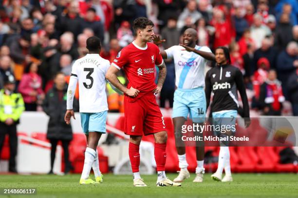 Dominik Szoboszlai of Liverpool looks dejected after the team's defeat in the Premier League match between Liverpool FC and Crystal Palace at Anfield...