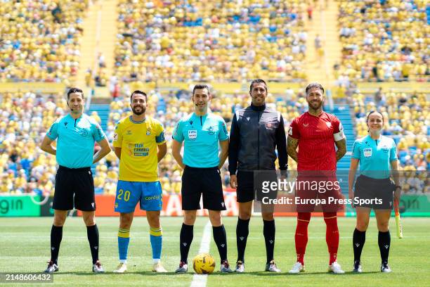 Kirian Rodriguez of UD Las Palmas and Sergio Ramos of Sevilla CF prior the Spanish league, La Liga EA Sports, football match played between UD Las...