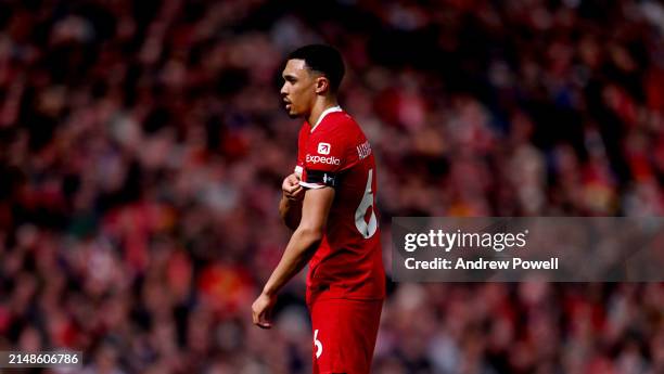 Trent Alexander-Arnold of Liverpool during the Premier League match between Liverpool FC and Crystal Palace at Anfield on April 14, 2024 in...