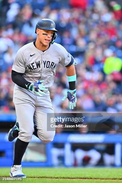 Aaron Judge of the New York Yankees runs out a ground ball for an out during the third inning of game two of a doubleheader against the Cleveland...