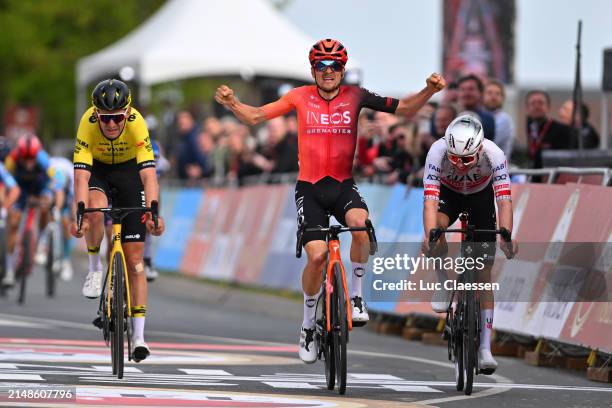 Thomas Pidcock of The United Kingdom and Team INEOS Grenadiers celebrates at finish line as race winner ahead of Marc Hirschi of Switzerland and UAE...