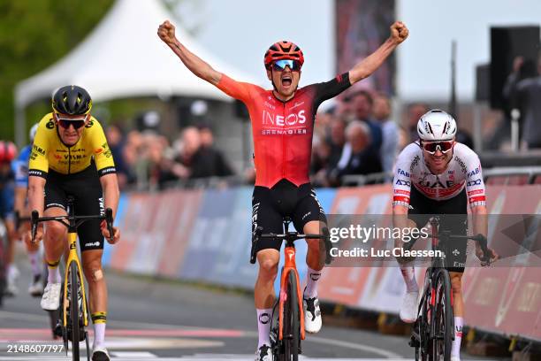 Thomas Pidcock of The United Kingdom and Team INEOS Grenadiers celebrates at finish line as race winner ahead of Marc Hirschi of Switzerland and UAE...