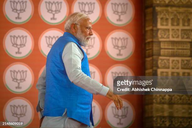 Prime Minister Narendra Modi arrives to address an election campaign rally on April 14, 2024 in Mysuru, India. India's 2024 general election is set...