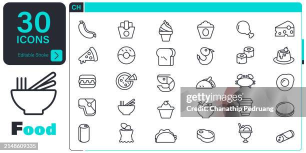 stockillustraties, clipart, cartoons en iconen met food and drink icon set. 30 editable stroke vector graphic elements, stock illustration icon symbol, pizza, burger, bread, seafood, fish, coffee - club sandwich