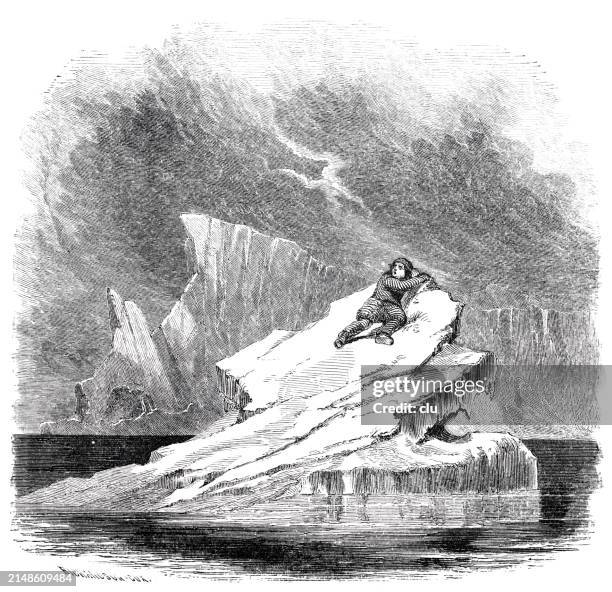 man on a fast frozen ice floe - northwest passage stock illustrations