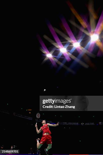 Li Shifeng of China competes in the Men's Singles Final match against Jonatan Christie of Indonesia during day six of the 2024 BAC Badminton Asia...