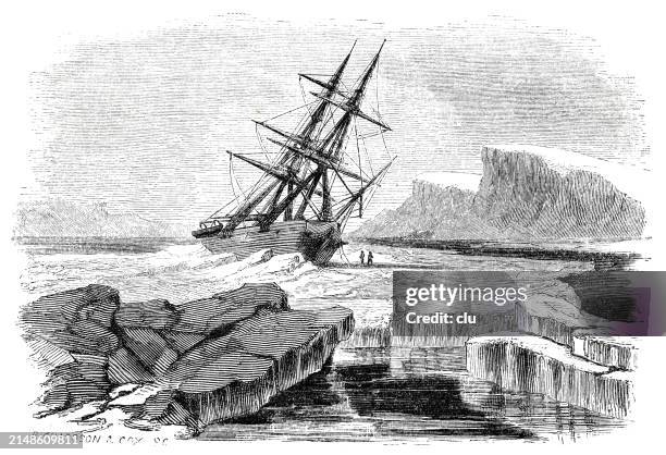 discovery of the north-west passage, ship frozen up - northwest passage stock illustrations