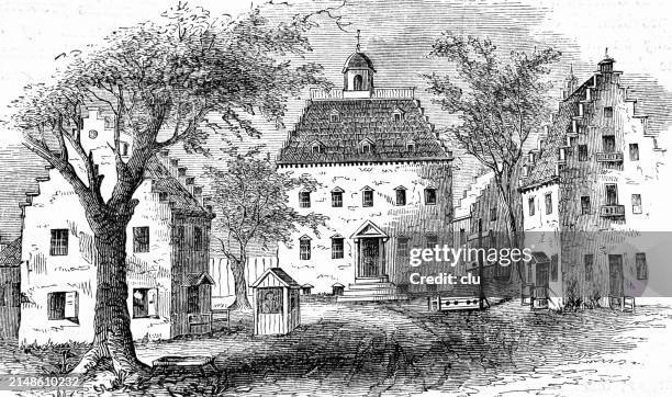 the stadt huys, first townhall of new york, new amsterdam - new amsterdam stock illustrations