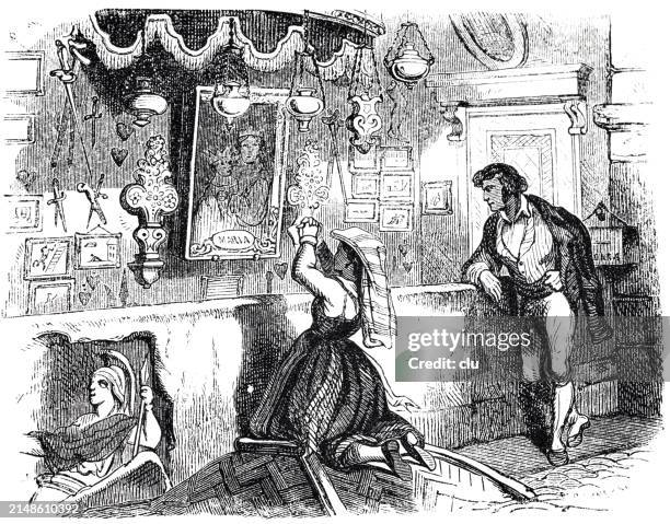 vows to the virgin mary - woman pledge stock illustrations