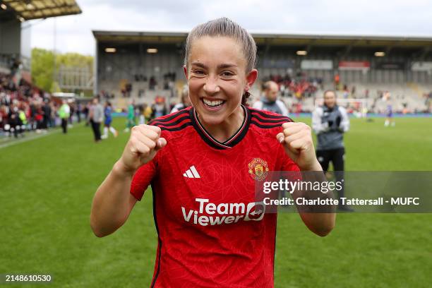 Maya Le Tissier of Manchester United Women celebrates the team's victory after the Adobe Women's FA Cup Semi Final match between Manchester United...