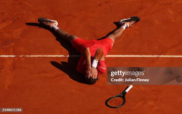 Stefanos Tsitsipas of Greece celebrates victory against Casper Ruud of Norway during the Men's Double's Final on day eight of the Rolex Monte-Carlo...