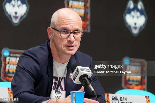 Head coach Dan Hurley of The Connecticut Huskies addresses the media after the NCAA Mens Basketball Tournament Final Four semifinal game against the...