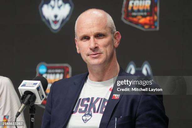 Head coach Dan Hurley of The Connecticut Huskies addresses the media after the NCAA Mens Basketball Tournament Final Four semifinal game against the...